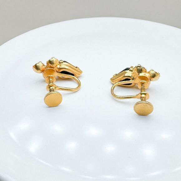 Vintage 1950s Screw Back Earrings Sparkling Clear Black Rhinestones Art Deco - Picture 5 of 9